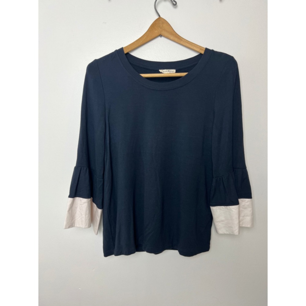 Jane and Delancey Navy Blue Bell Sleeve Top Cream Contrast Cuff Navy M